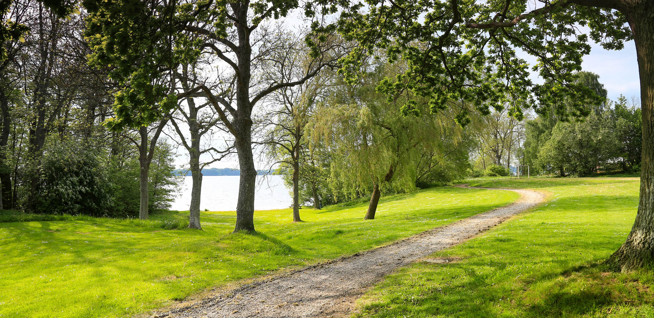 Bild på en promenadstig  och grönskande träd vid Möstadsparken i Bromölla.